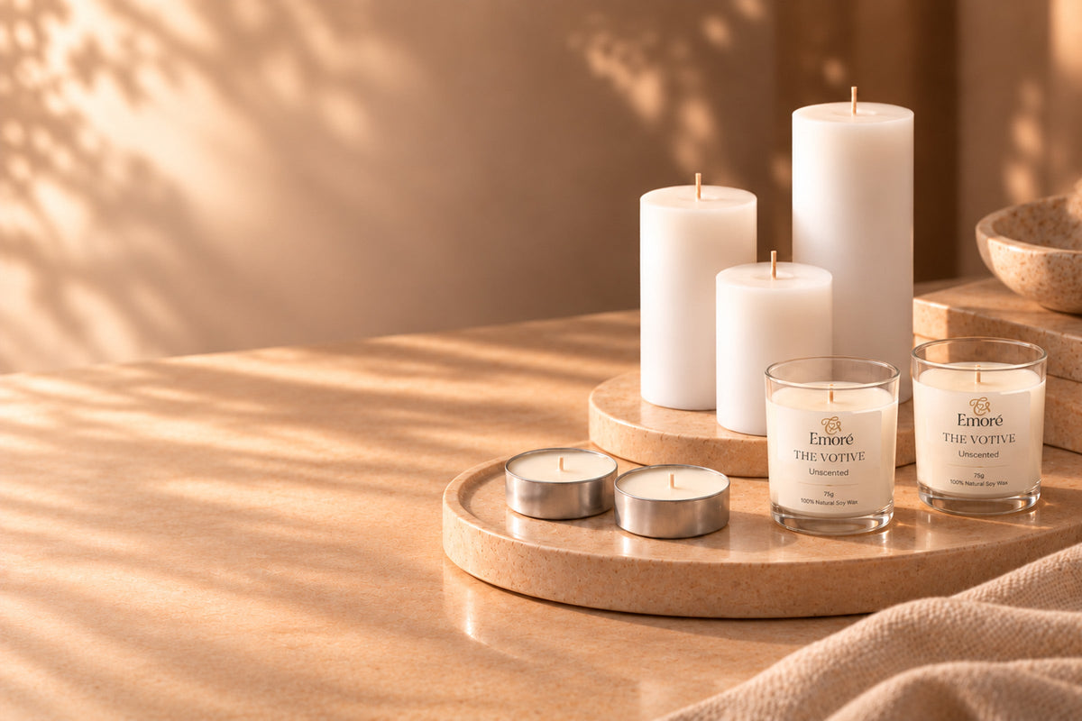 Everyday candles styled together on a neutral tabletop