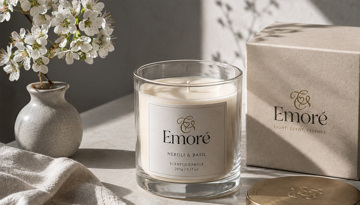Emoré candle styled in a calm home interior